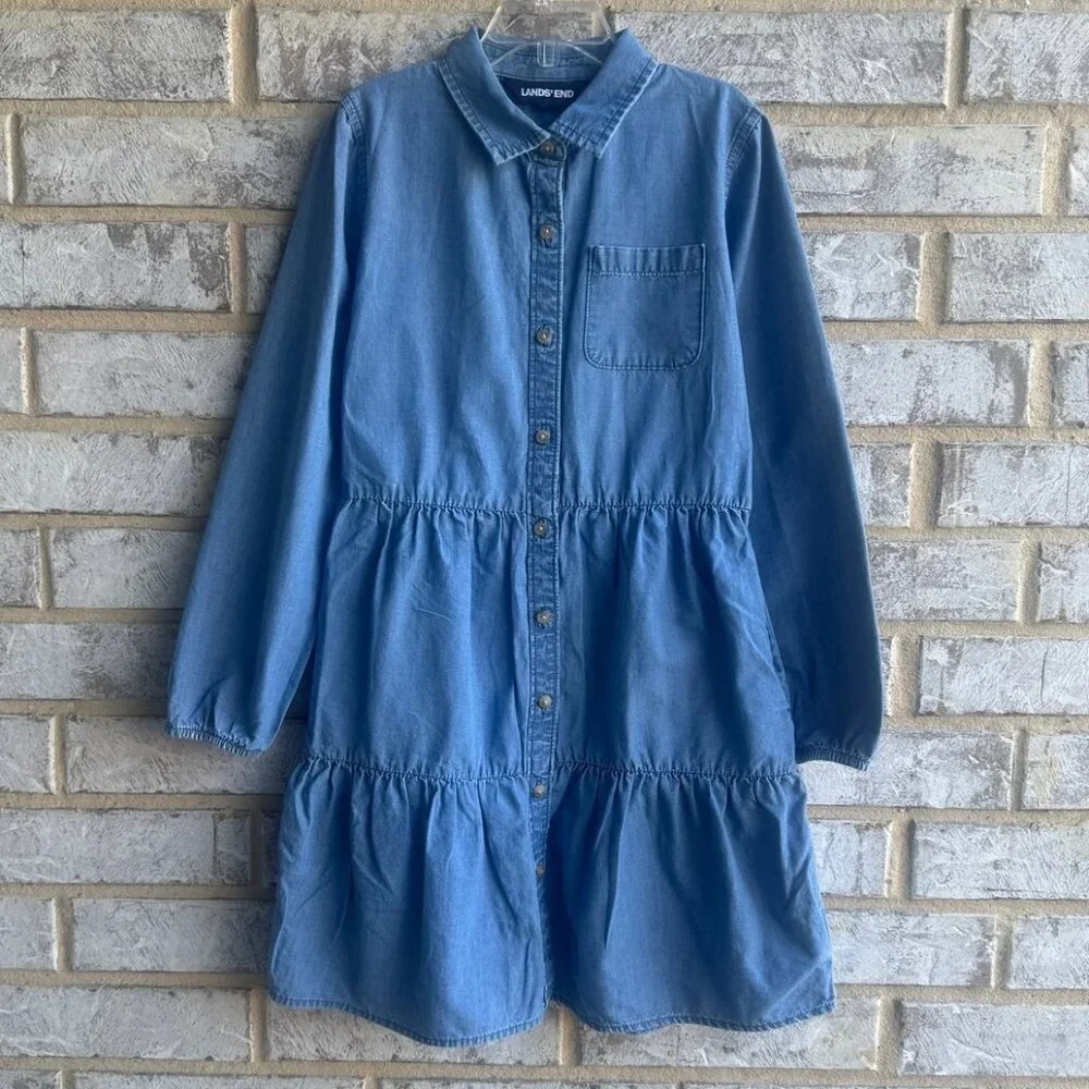 Lands' End Long Sleeve Button Up Collared Tiered Dress Girl's Size 7/8